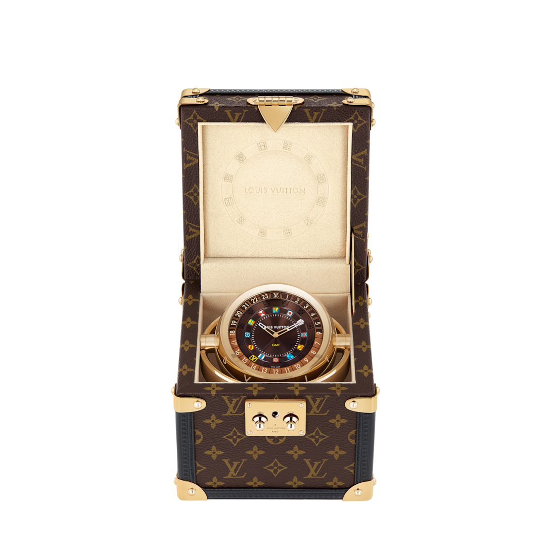 Trunk Table Clock, Quartz, 80mm, Brass, Monogram - All Watches